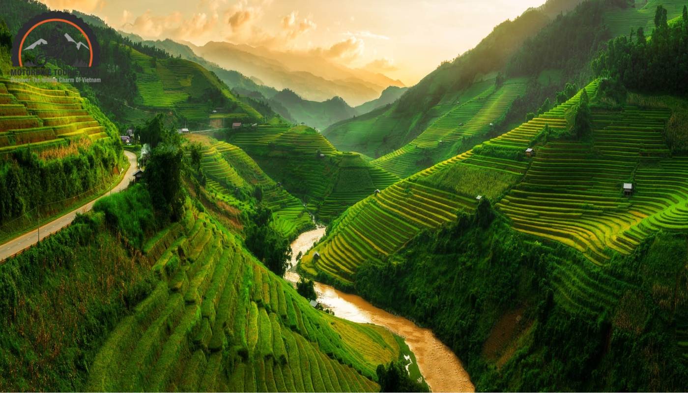 Panoramic view of the small town of Sapa surrounded by lush green mountains and forests