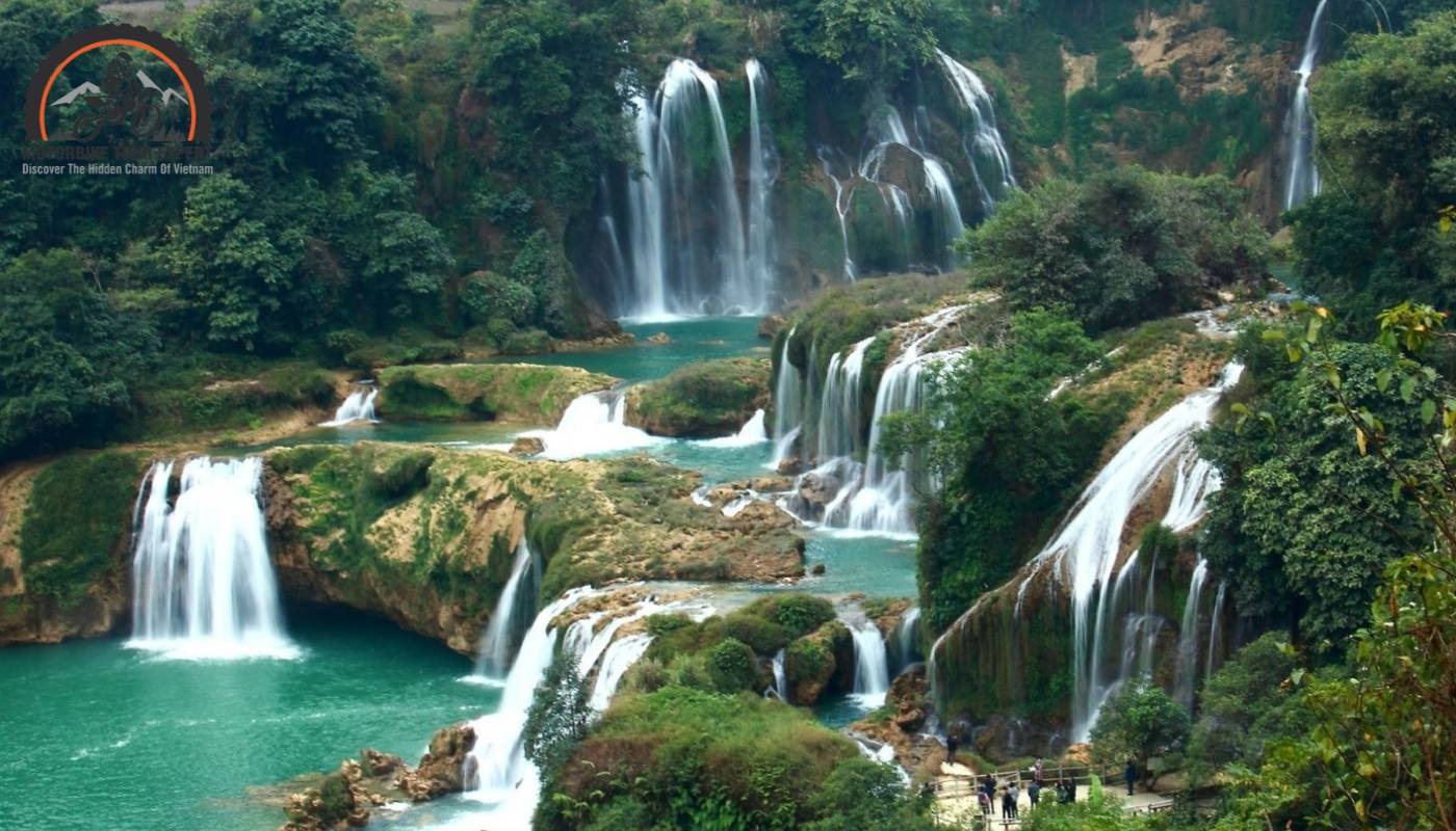 A waterfall cascading through a rocky crevice, creating a picturesque scene amidst lush greenery