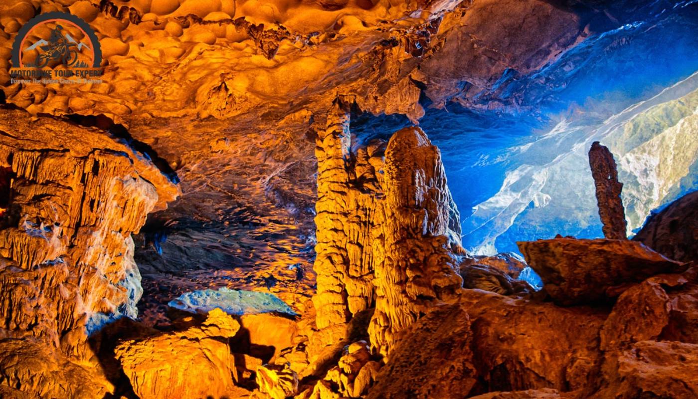 The awe-inspiring interior of Sung Sot Cave, with towering limestone formations and natural skylights