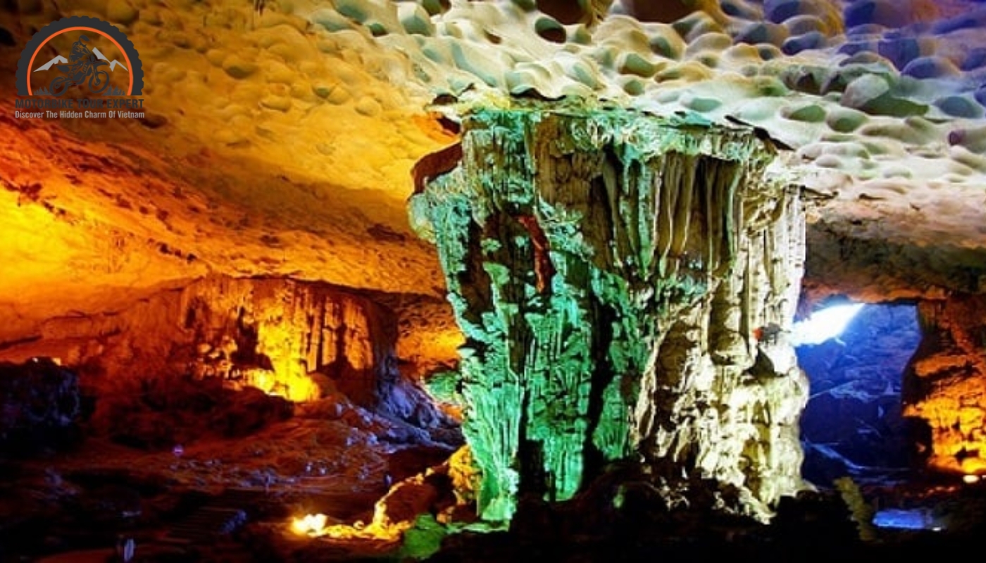 Ethereal rays of light filtering through Thien Cung Cave's cavernous chambers