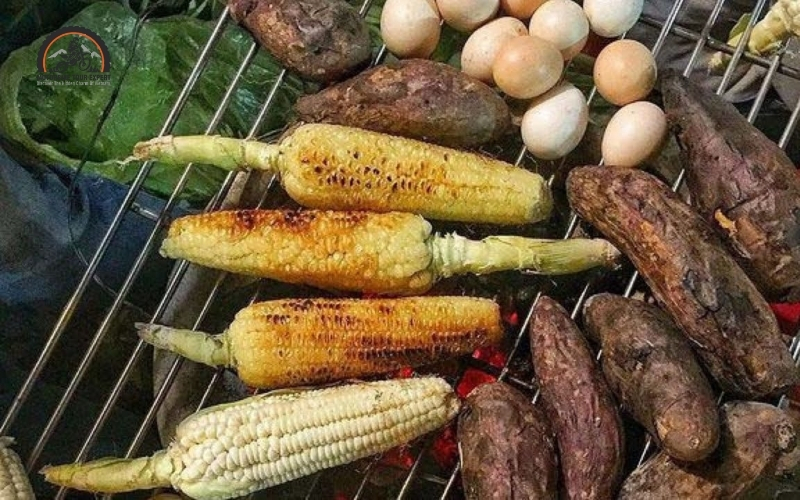 Grilled corn, sweet potatoes, and eggs