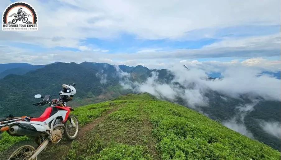 Motorcycle on a scenic mountain pass in Northern Vietnam.