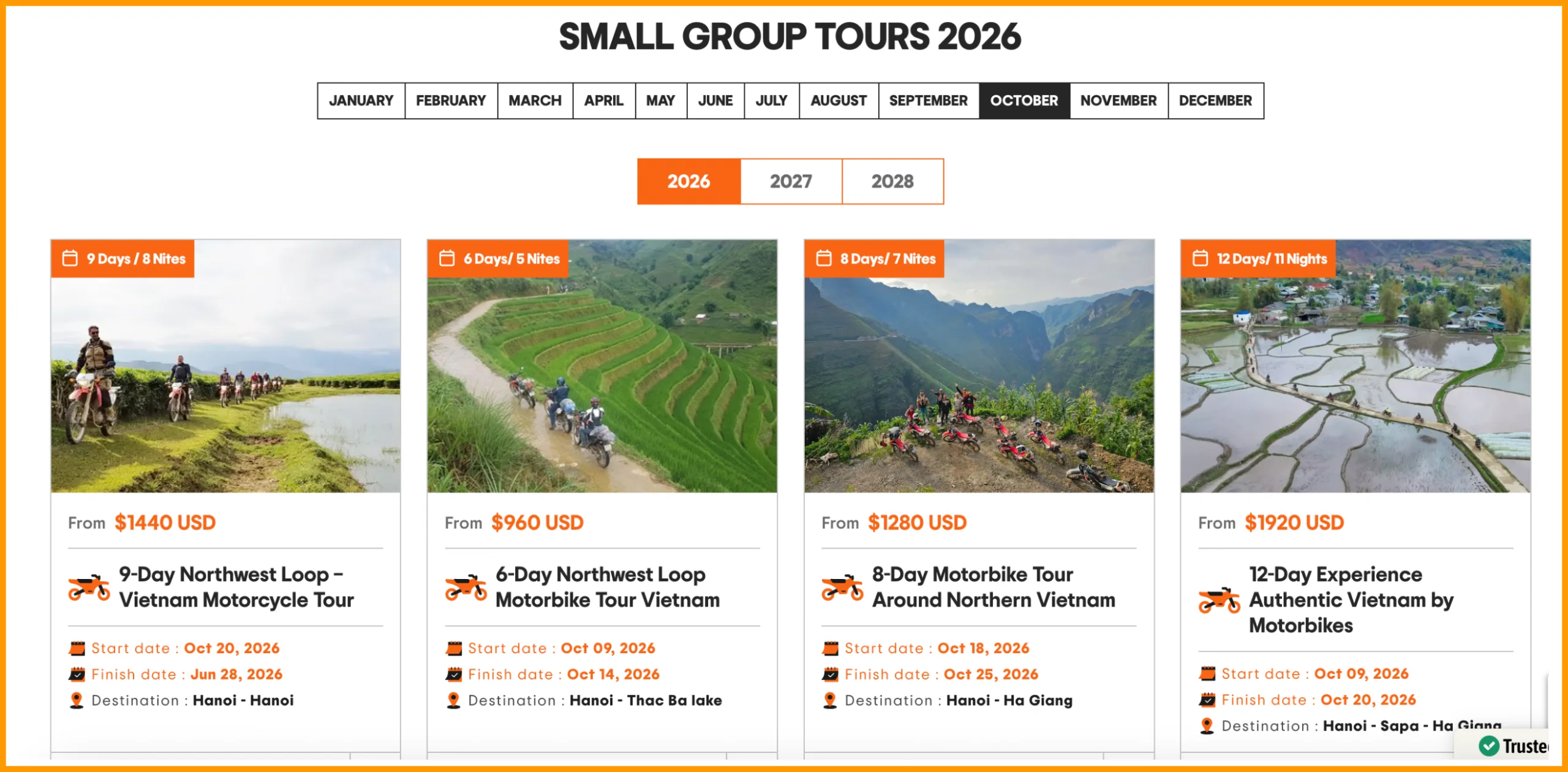 Small Group Tours 2026 schedule featuring motorcycle tours across Northern Vietnam.