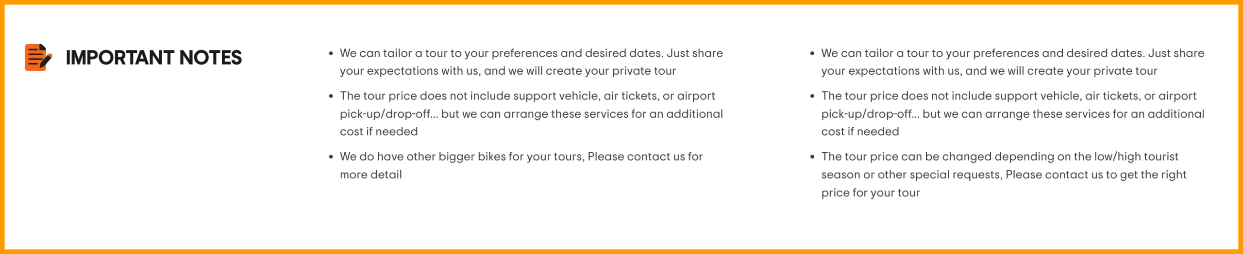 Important notes about services and tour costs for small group motorcycle tours in Vietnam.